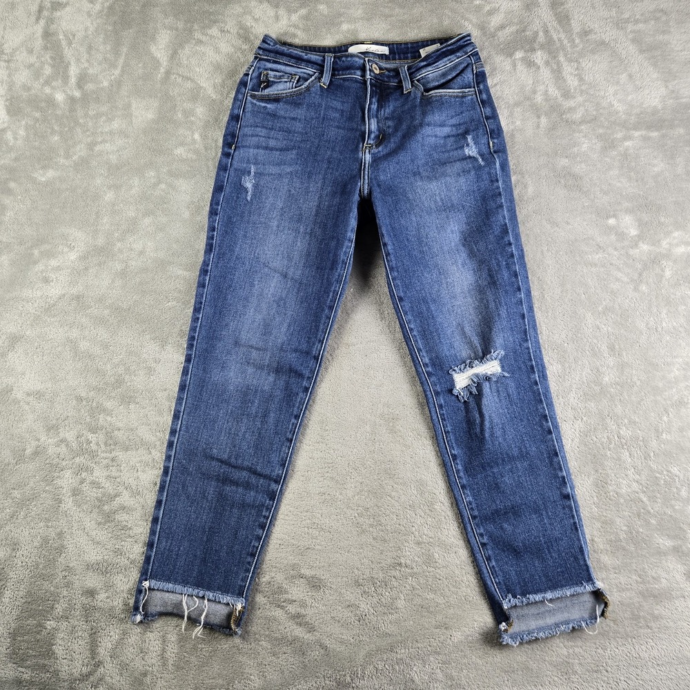 Kancan Jeans Womens 27 Blue Denim Stretch High Rise Distressed Raw Hem Cropped